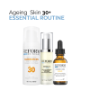 Essential skincare routine for aging skin 30+, featuring SPF 30 sunscreen, retinol 1% cream, and vitamin C serum.