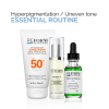 Essential skincare routine for hyperpigmentation and uneven skin tone, featuring SPF 50+ sunscreen, retinol 1% cream, and phytobotanical gel