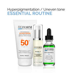Essential skincare routine for hyperpigmentation and uneven skin tone, featuring SPF 50+ sunscreen, retinol 1% cream, and phytobotanical gel