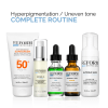 Complete skincare routine for hyperpigmentation and uneven skin tone, featuring glycolic acid cleanser, phyto botanical gel, vitamin C serum, retinol cream, and SPF 50+ sunscreen.