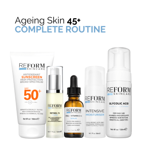 Complete skincare routine for aging skin 45+, featuring glycolic acid cleanser, SPF 50 sunscreen, retinol 1% cream, vitamin C + E serum, and intensive moisturiser.