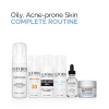 Complete skincare routine for oily, acne-prone skin, including salicylic acid cleanser, vitamin B5 gel, anti-blemish crème, everyday moisturizer, repair gel, and SPF 30 sunscreen.