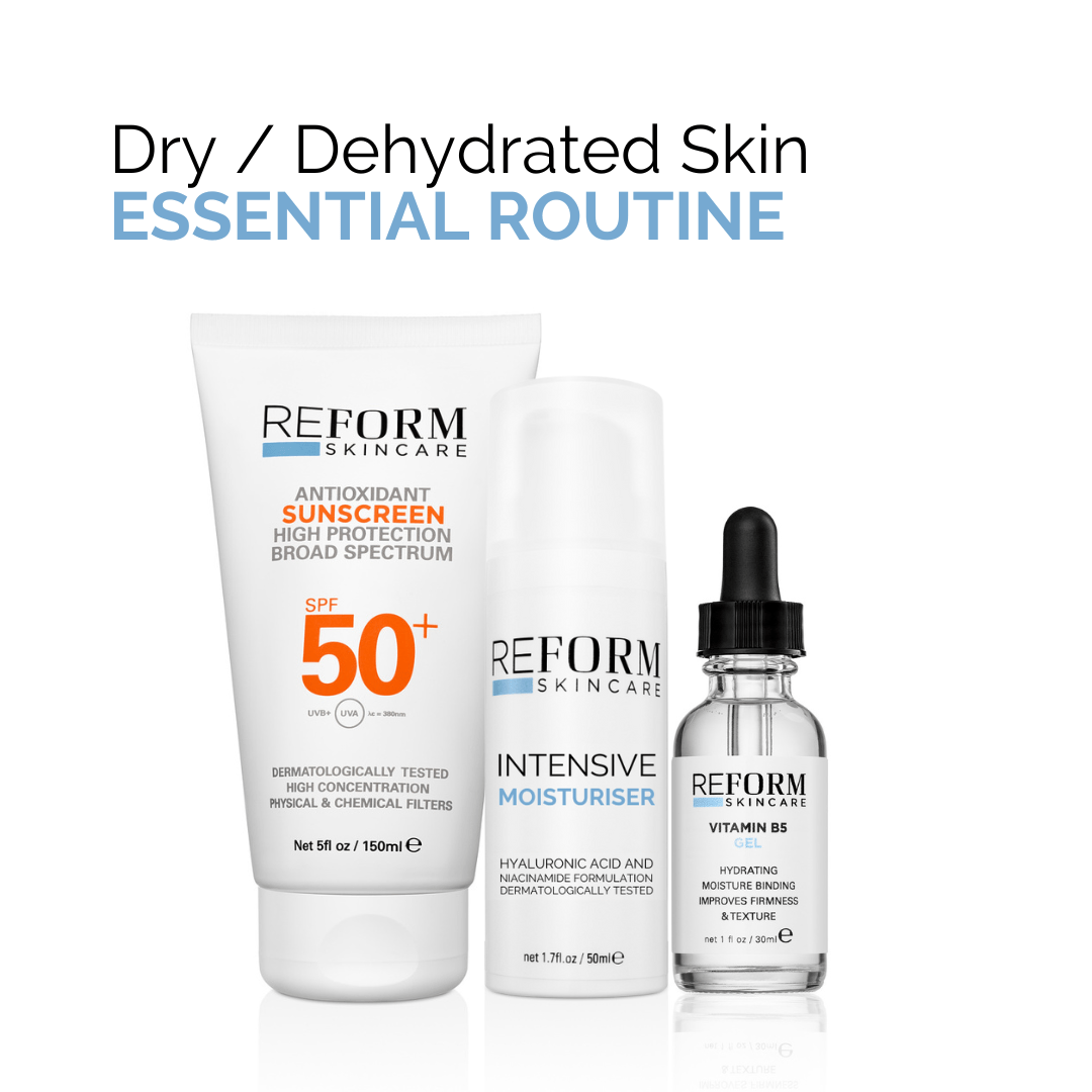 Essential skincare routine for dry and dehydrated skin, featuring SPF 50 sunscreen, intensive moisturiser, and vitamin B5 gel.