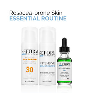 Essential skincare routine for rosacea-prone skin, featuring SPF 30 sunscreen, intensive moisturiser, and phytobotanical gel.
